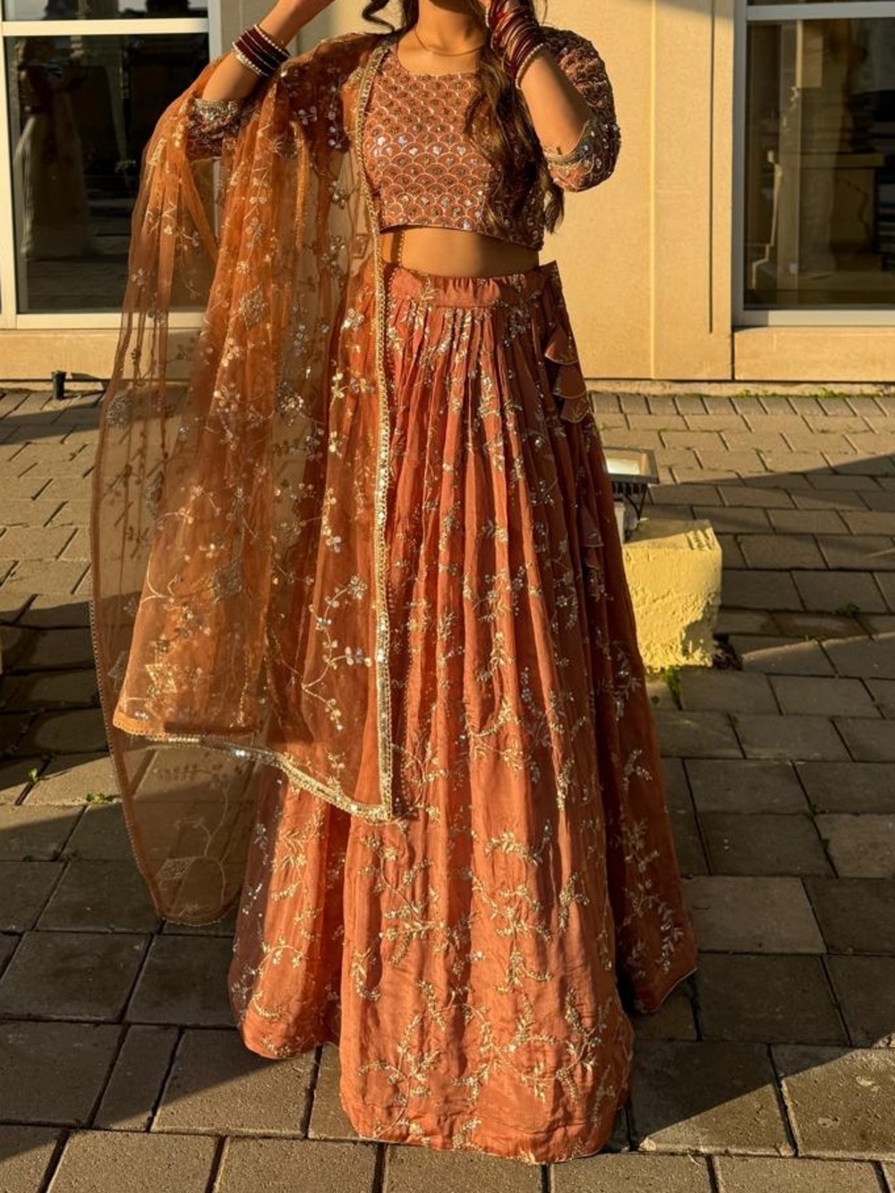 Embroidered Rust Lehenga Skirt with Sheer Dupatta